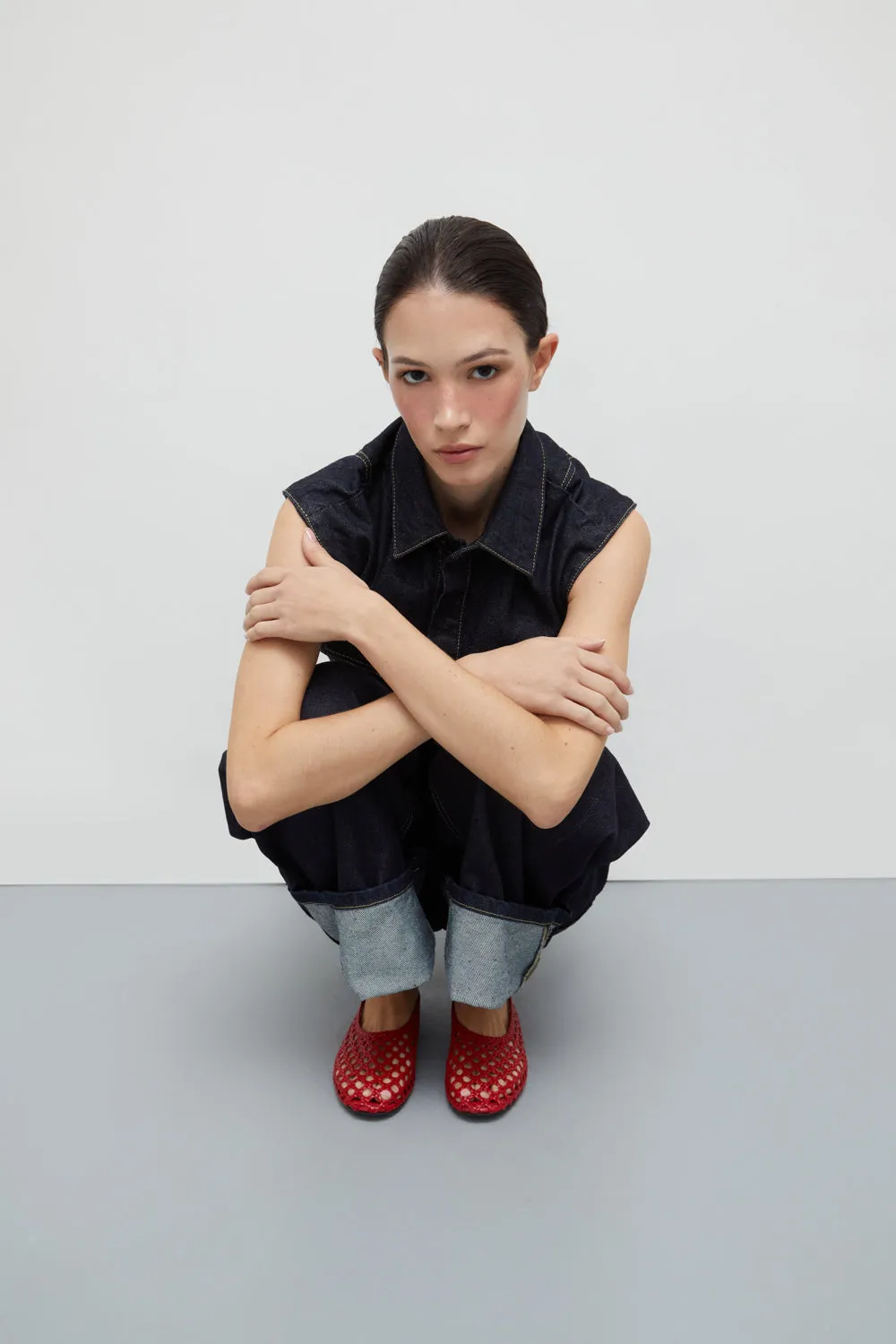 Leather Soft Race Step Ava Ballet Flats in Red Woven Leather