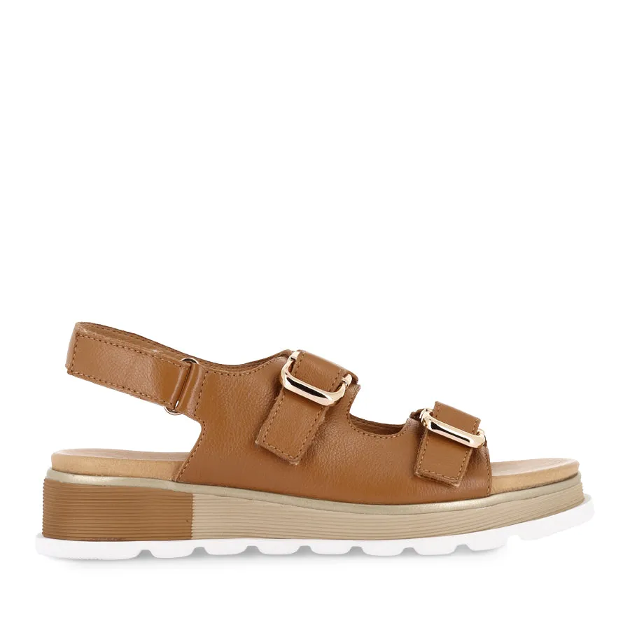 CARDA - DARK TAN LEATHER Comfy Vacation Sandals Buckle Detail