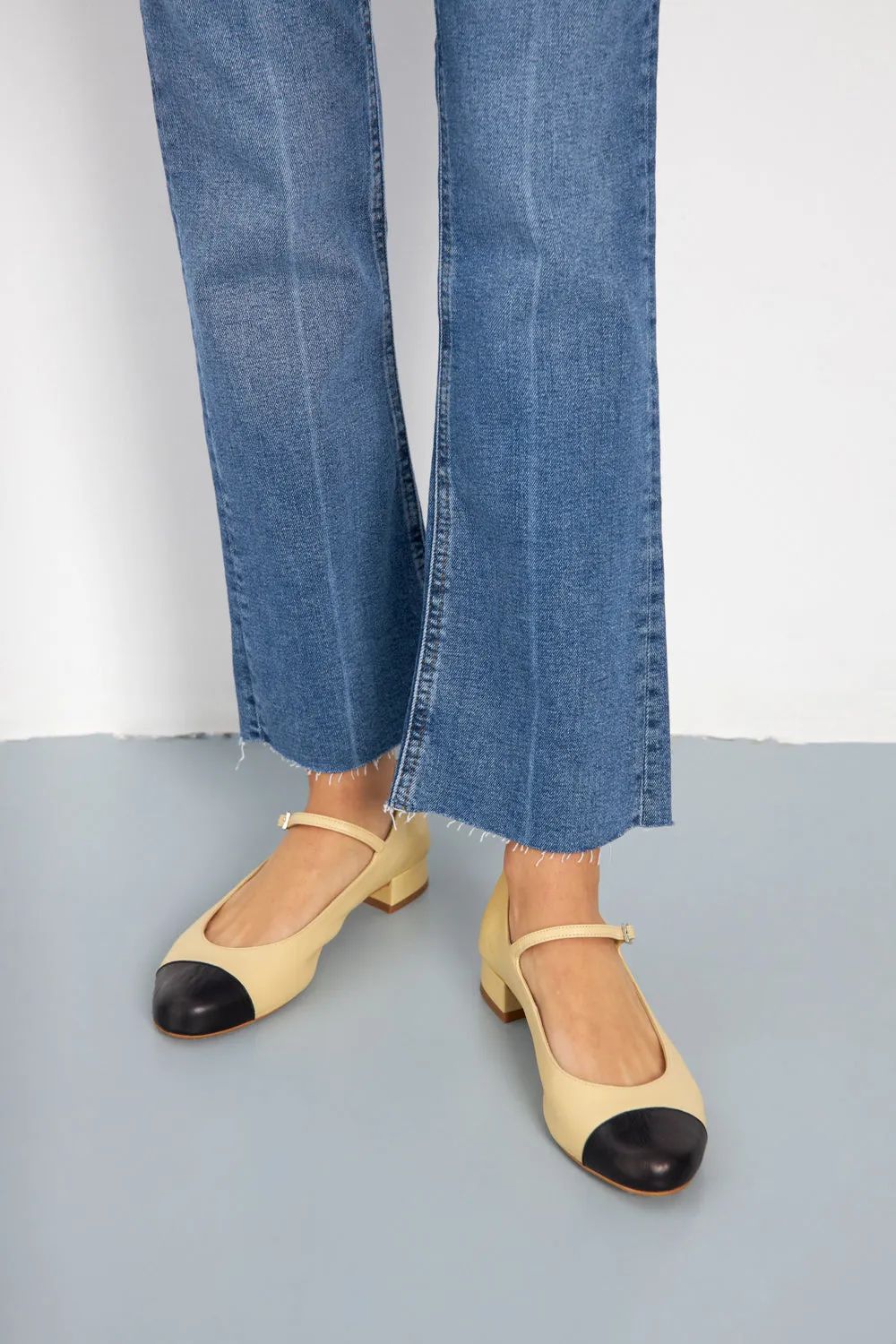 Relaxed Fit Large Pockets Lola Mary Janes in Beige Leather