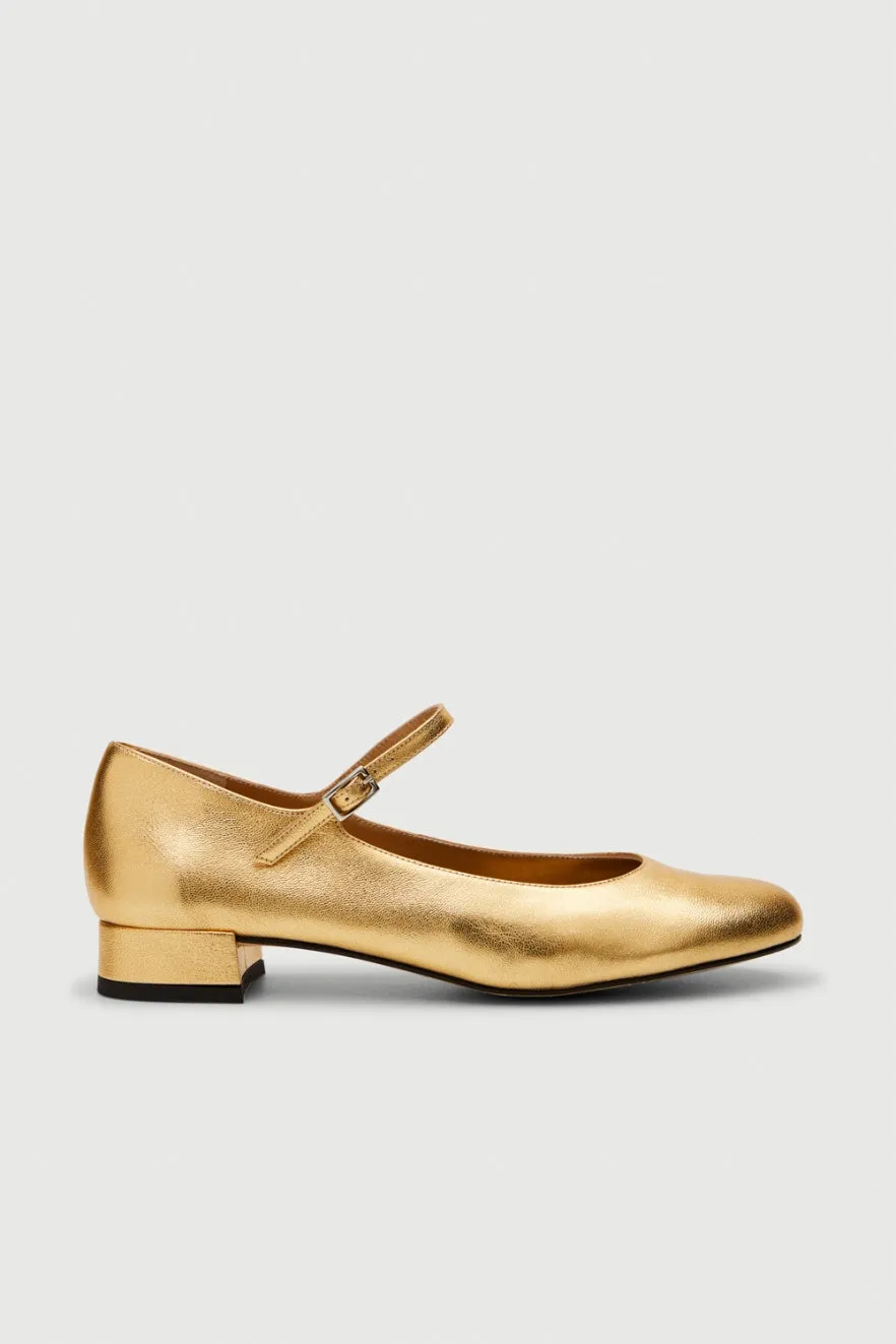 Emilia Mary Janes in Gold Leather Small Pockets Adjustable Straps
