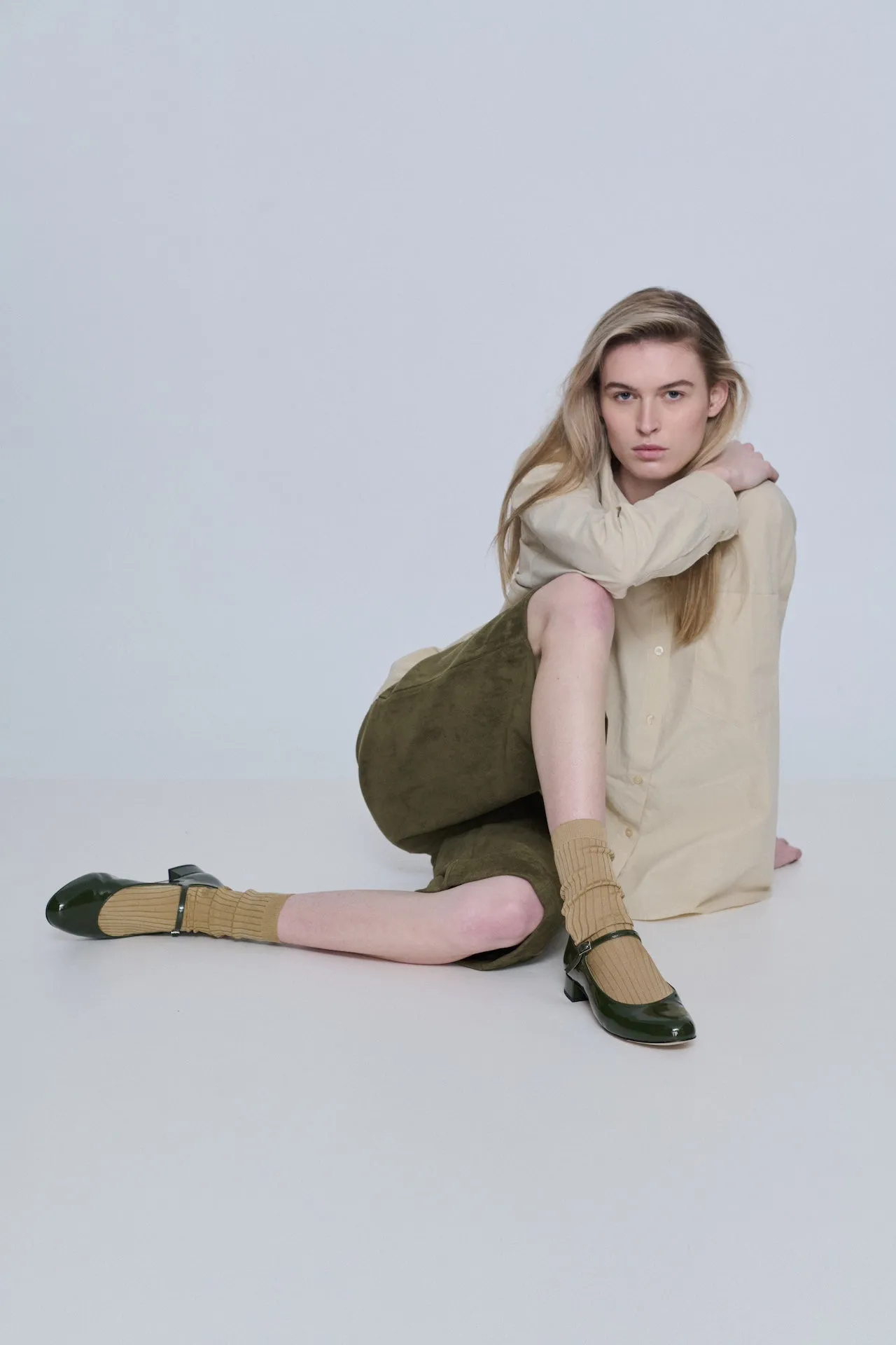 Functional Emilia Mary Janes in Khaki Patent Leather