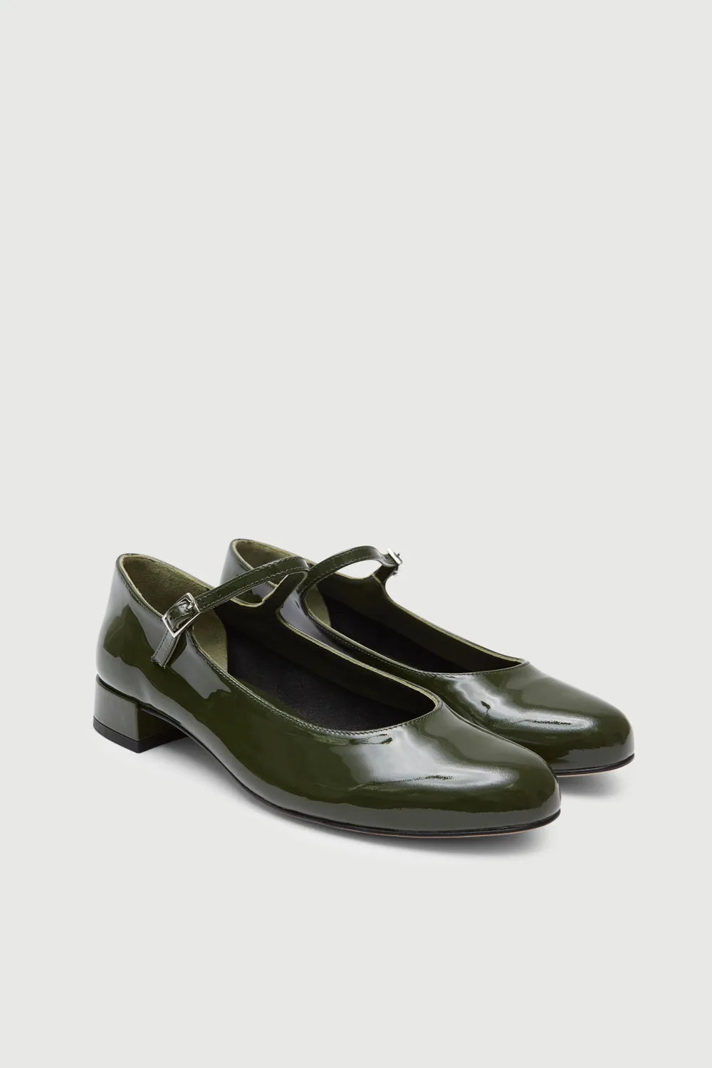 hypoallergenic Comfortable Soles Emilia Mary Janes in Khaki Patent Leather