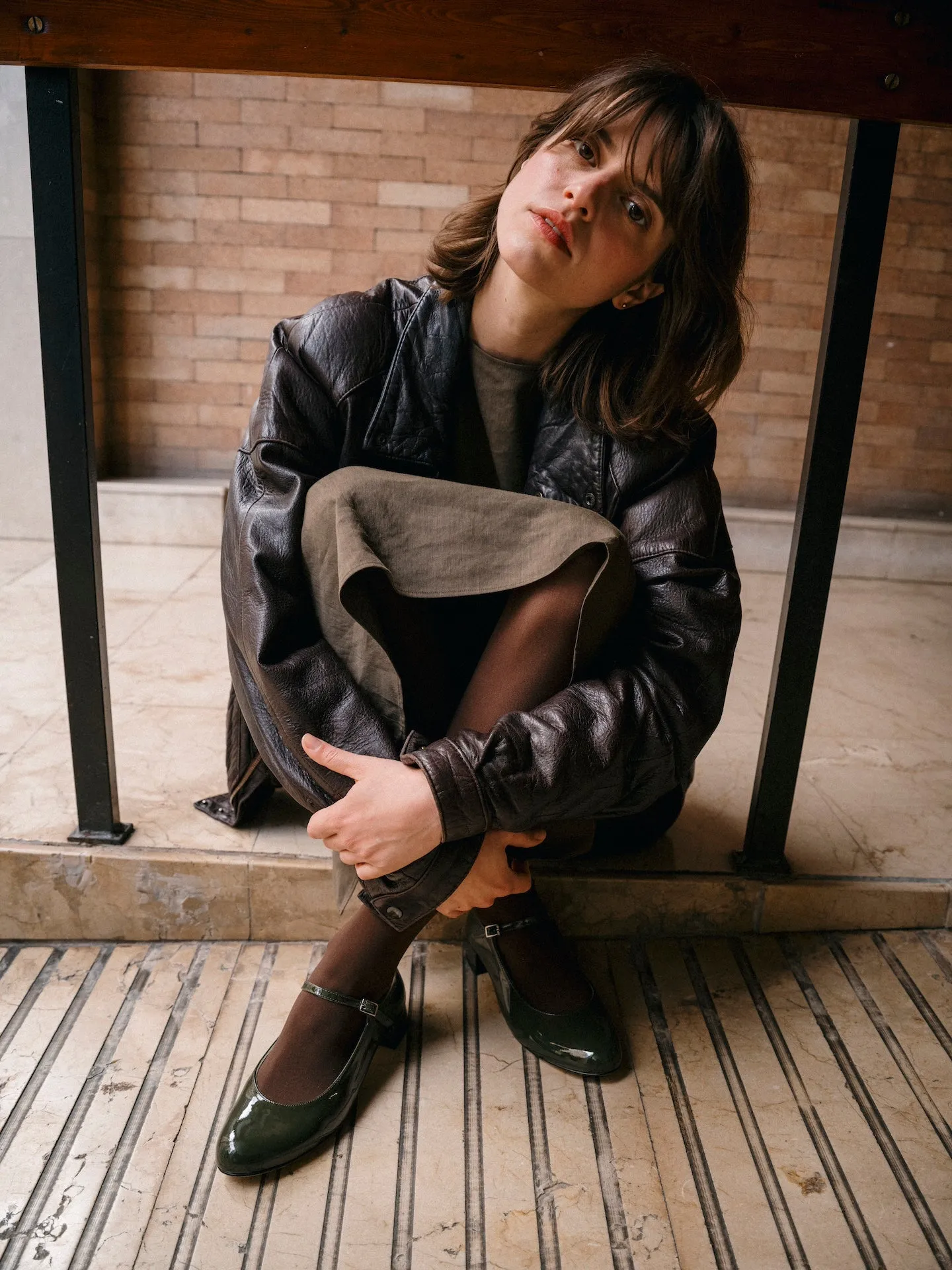 Comfortable Edge Emilia Mary Janes in Khaki Patent Leather