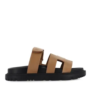 FLICKER - TAN BLACK LEATHER Slip-On Sandals Relax Fit Sandal