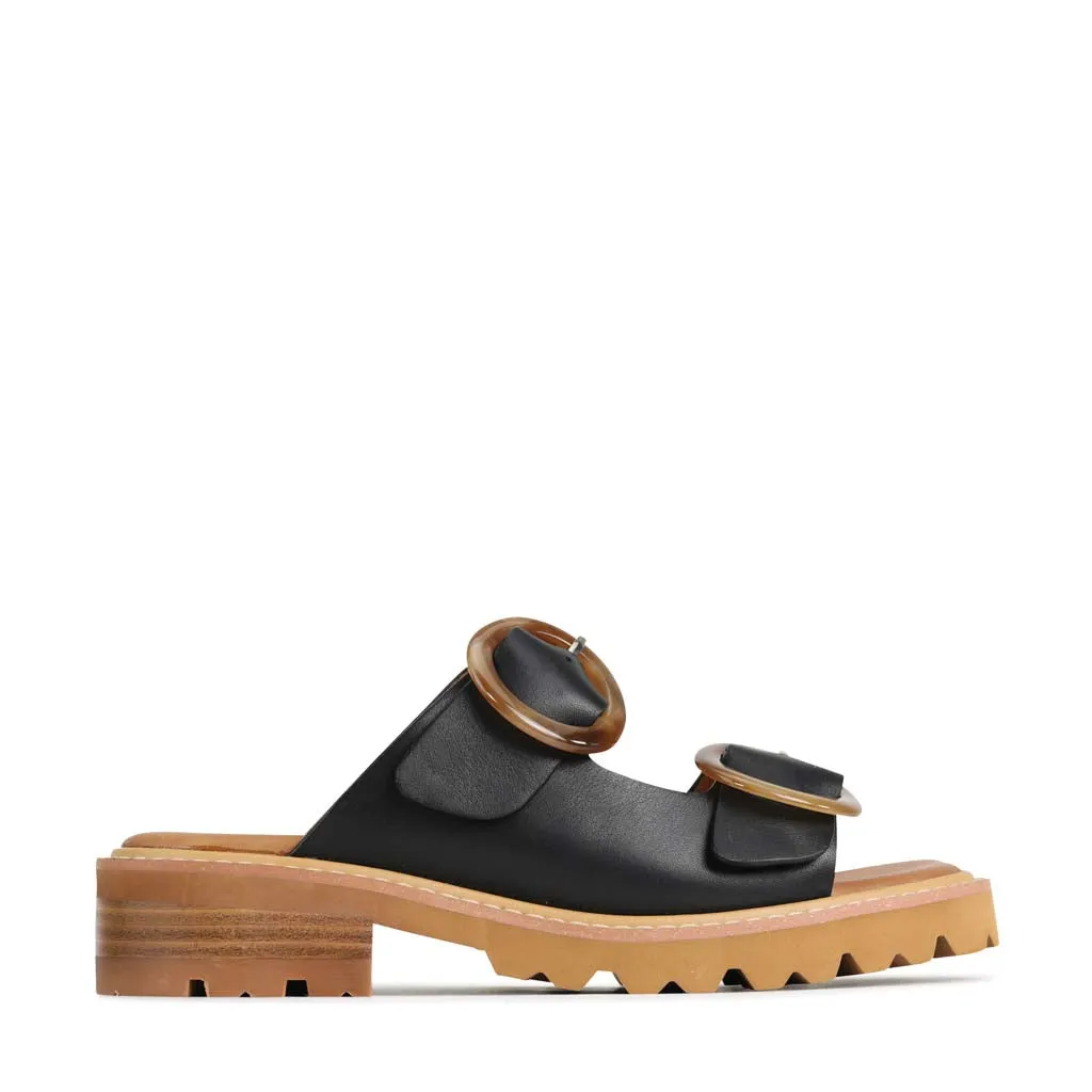 GILA LEATHER BLOCK HEEL SLIDE SANDALS Urban View