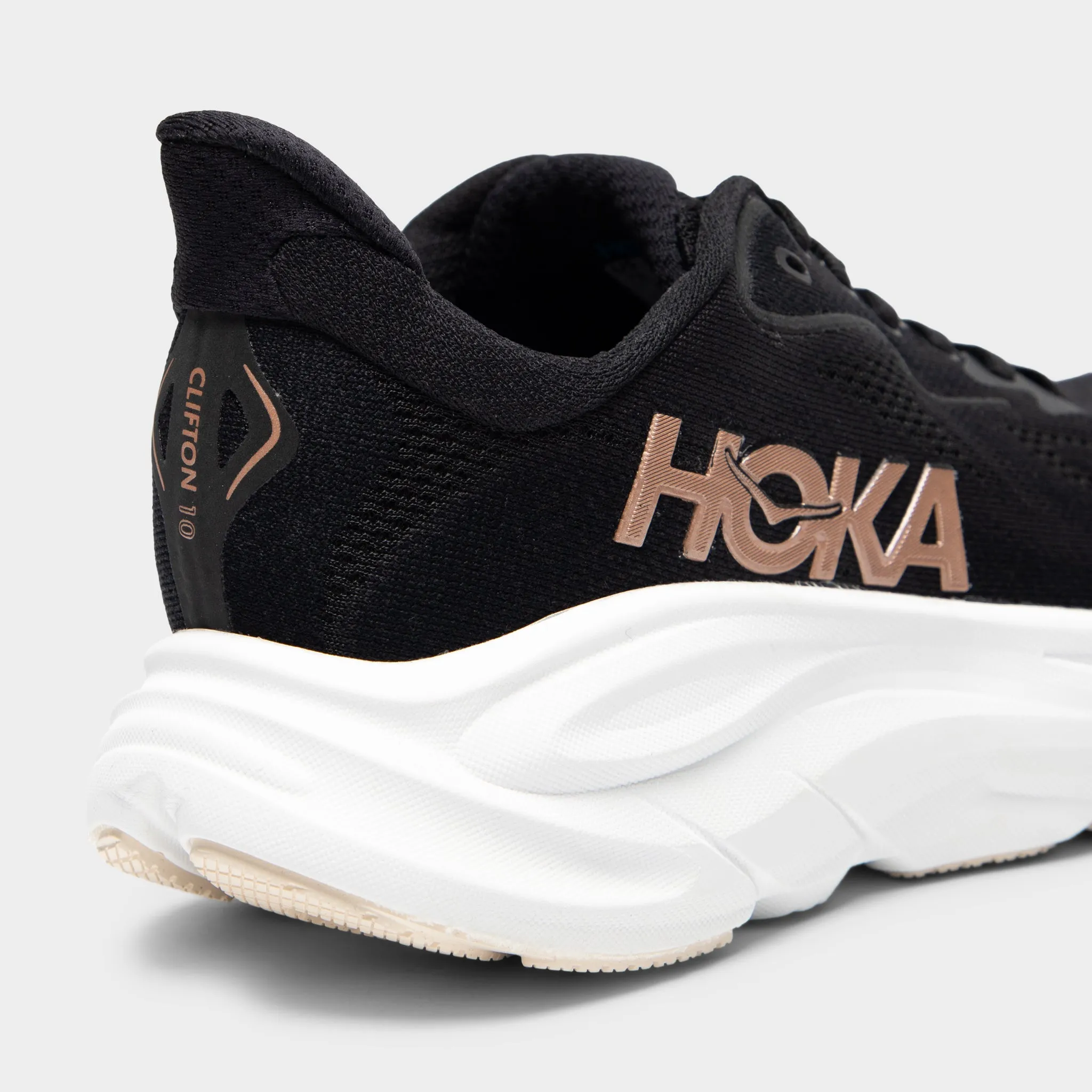 Hoka Women's Clifton 10 Black / White - Rose Gold Long Hours Premium Sole