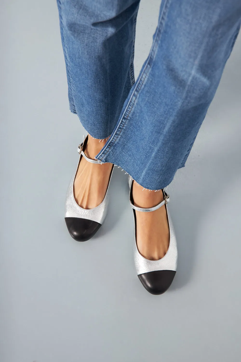 Lola Mary Janes in Silver Leather Sustainable Odor Resistant