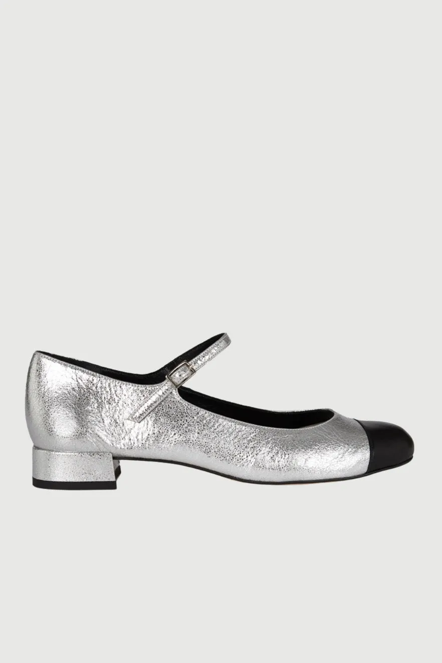 Adjustable Feature Lola Mary Janes in Silver Leather