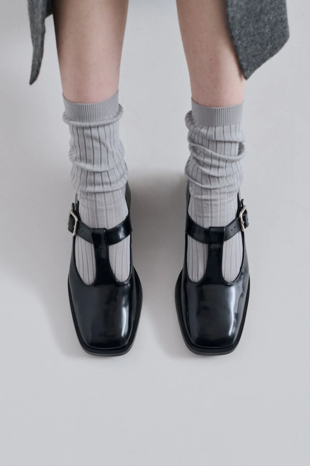 Wide fit Lucy T-Bar in Black Leather
