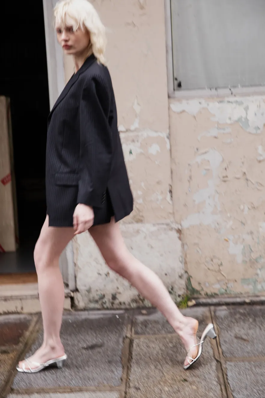 Lottie Sandals in Silver Leather runway look
