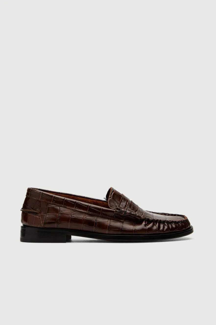 Zoe Loafers in Croc-effect Chocolate Leather Grip Lane Sure Lane