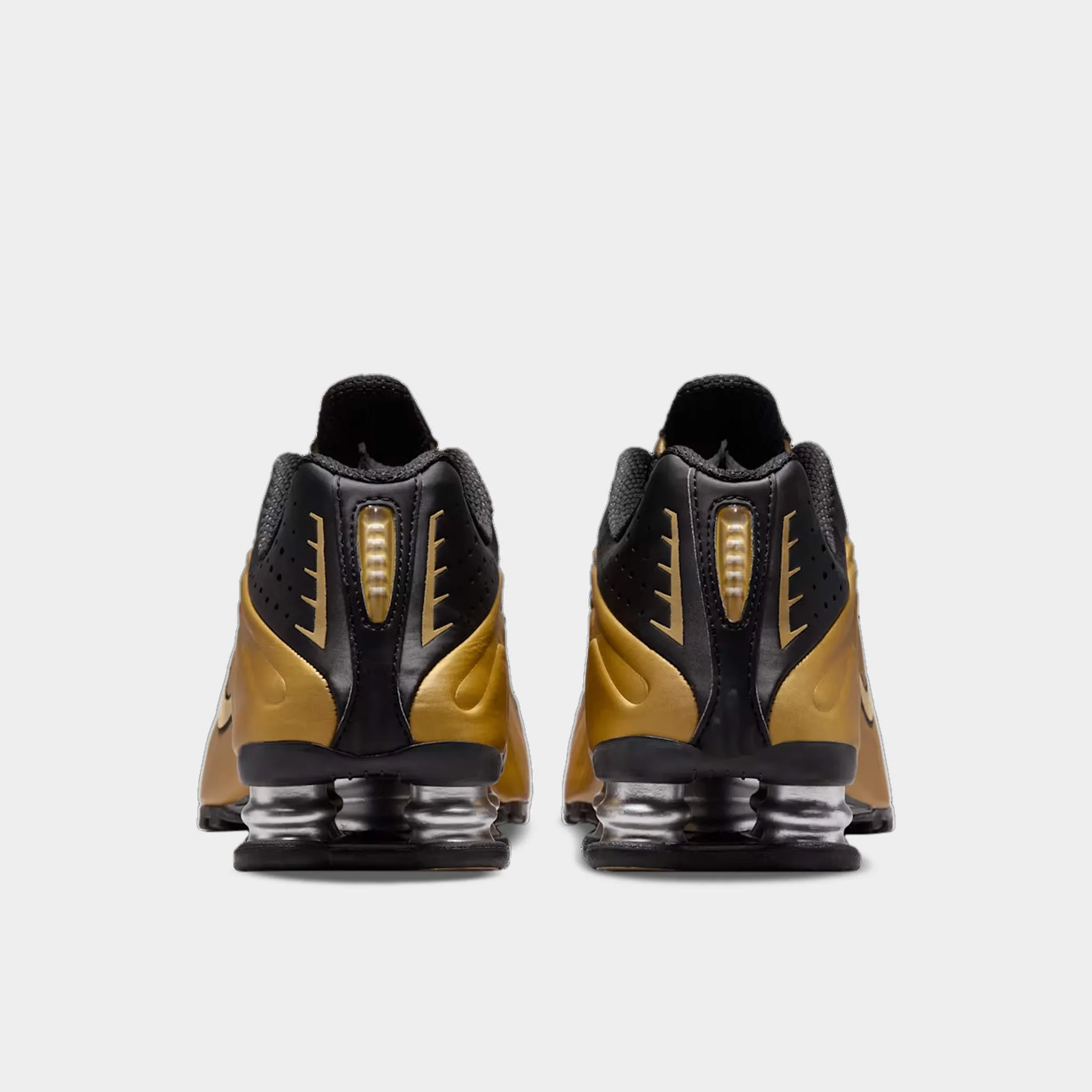 Nike Women's Shox R4 Black / Metallic Gold - Metallic Silver Ankle Hugging Design Endurance Sole