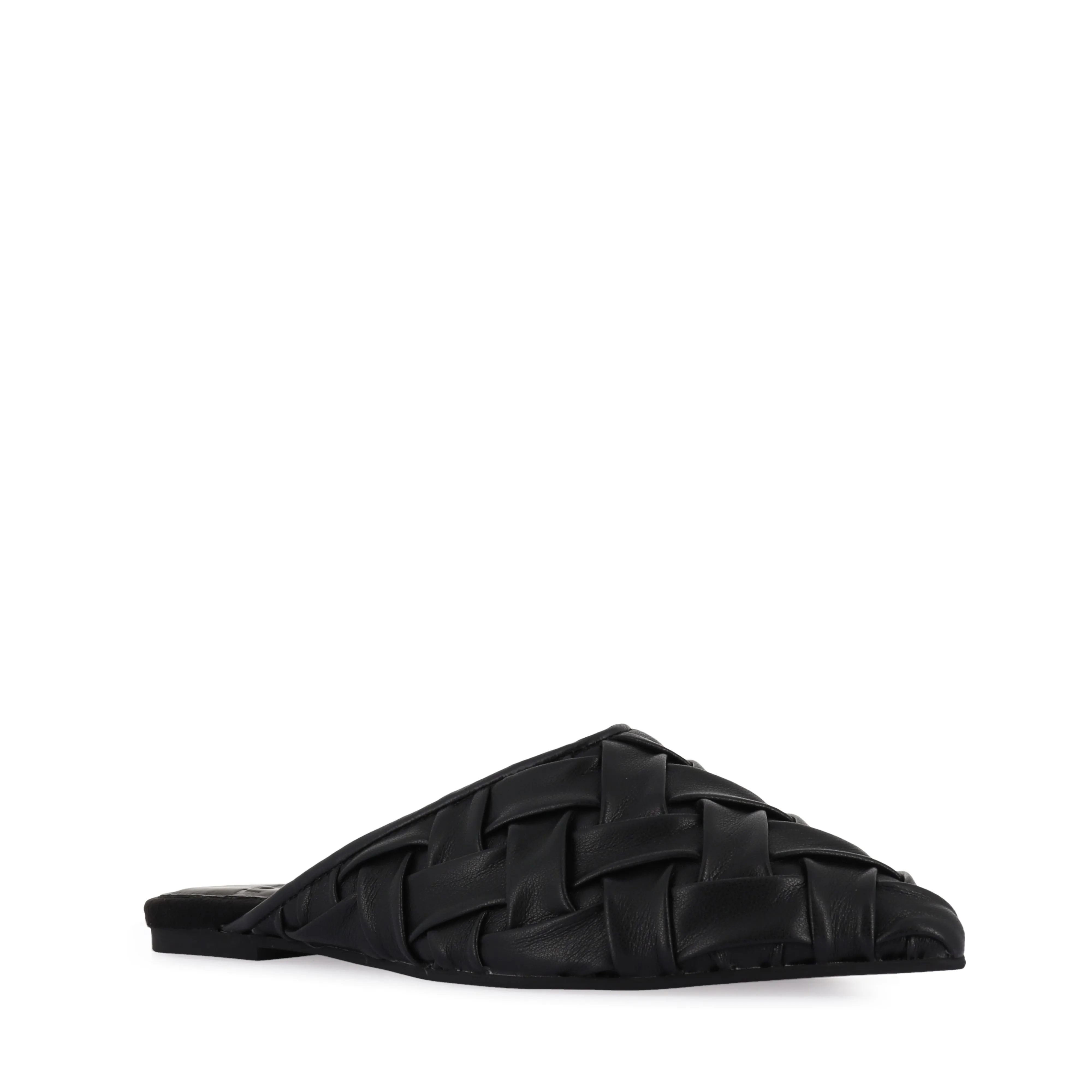 Pose Shot Coral Hue POINTED MULE SOFT - WOVEN BLACK LEATHER