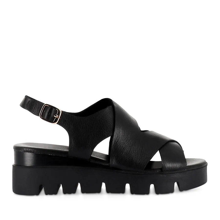 Comfy Sandals for Travel RIKU - BLACK BLACK LEATHER