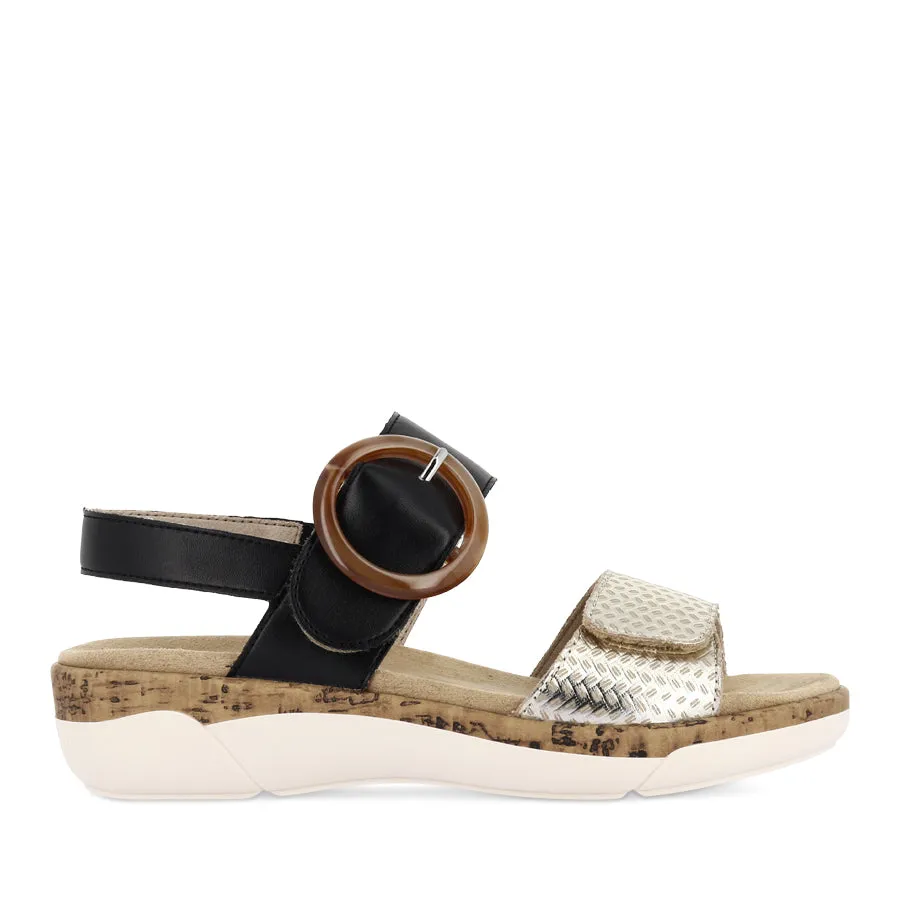 Elegant Summer Footwear Breath Ease RACH R6853 - BEIGE-GOLD/BLACK LEATHER MULTI