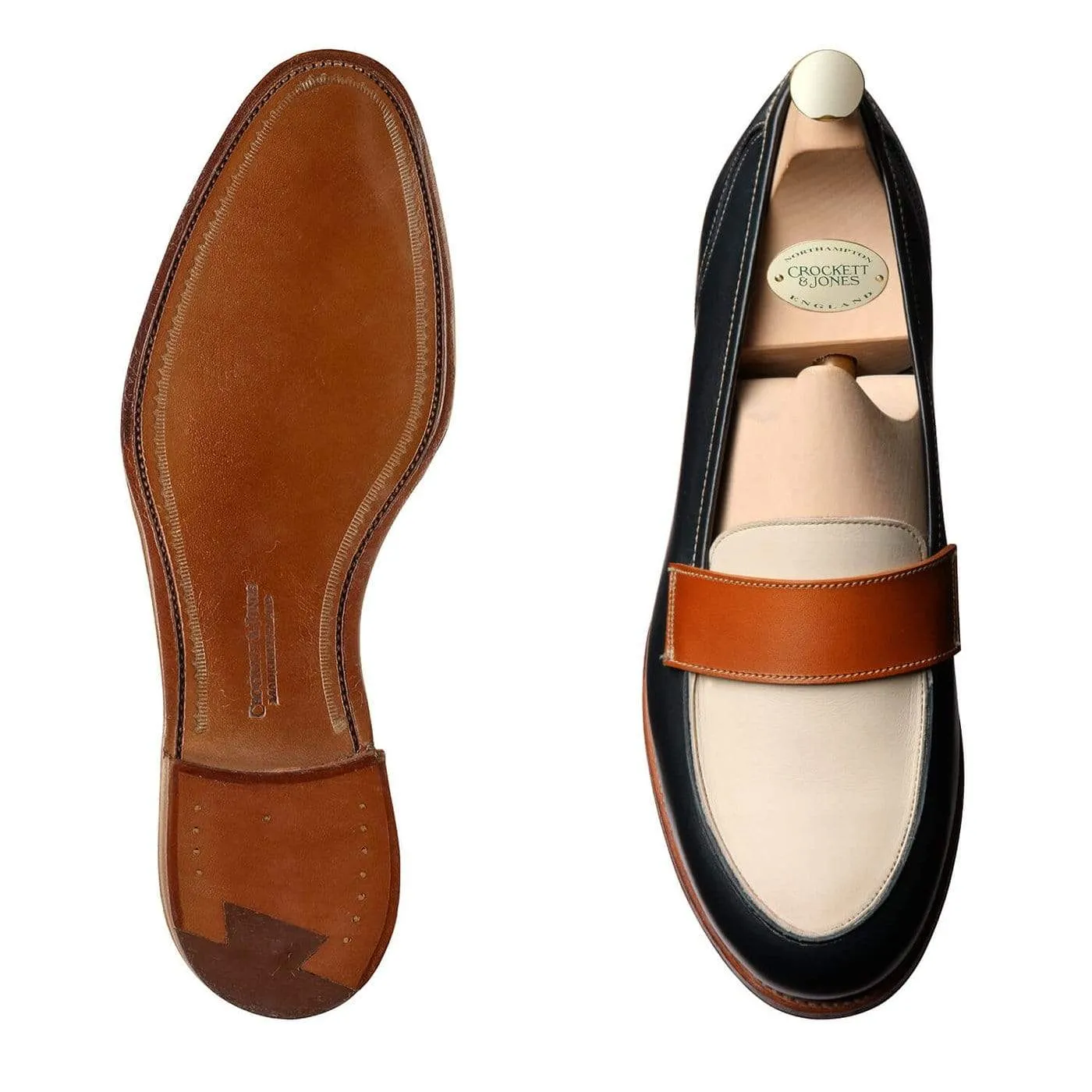 Fresh Lane Fashionable Look Clare Navy, Ivory & Tan Burnished Calf