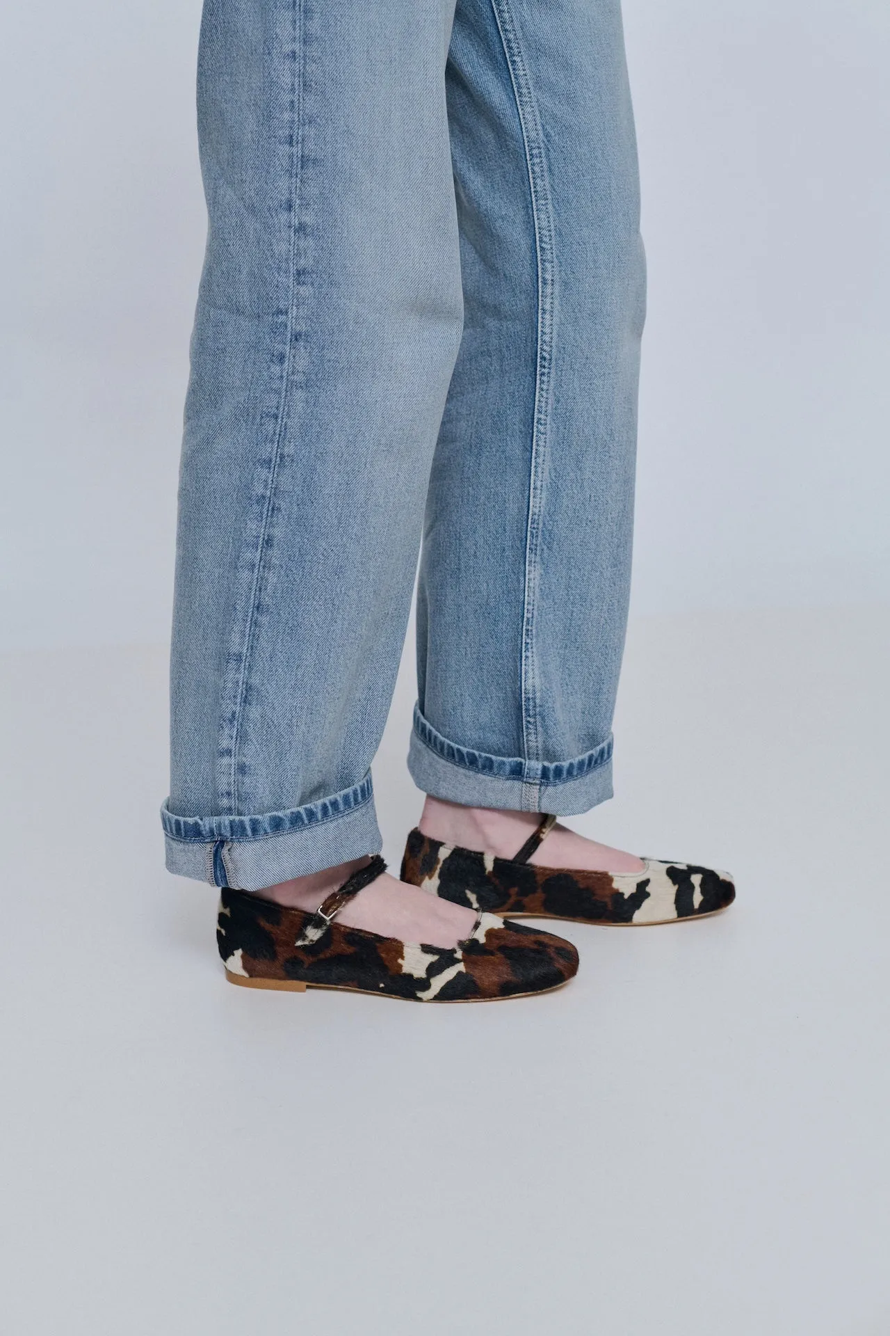 Julieta Mary Janes in Dark Cow Print Calf Hair Padded Shoulder