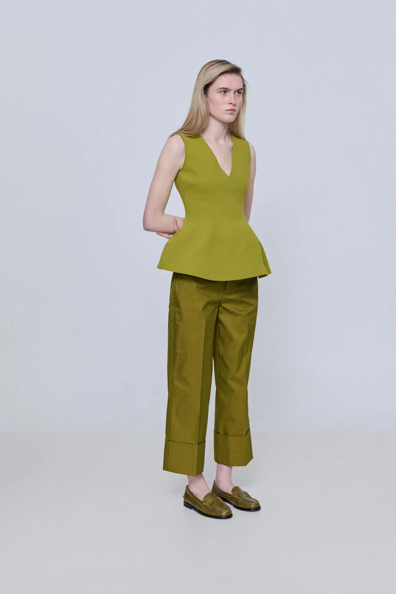 Bright Power Zoe Loafers in Croc-effect Olive Green Leather