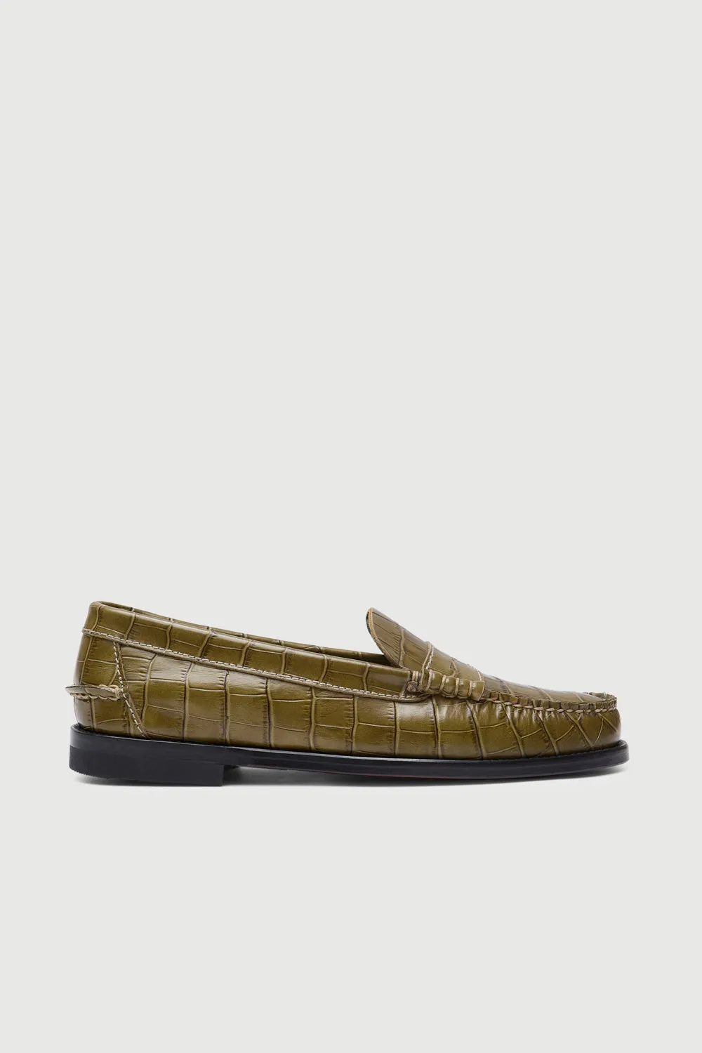 Distressed Look Designer Loafers Zoe Loafers in Croc-effect Olive Green Leather