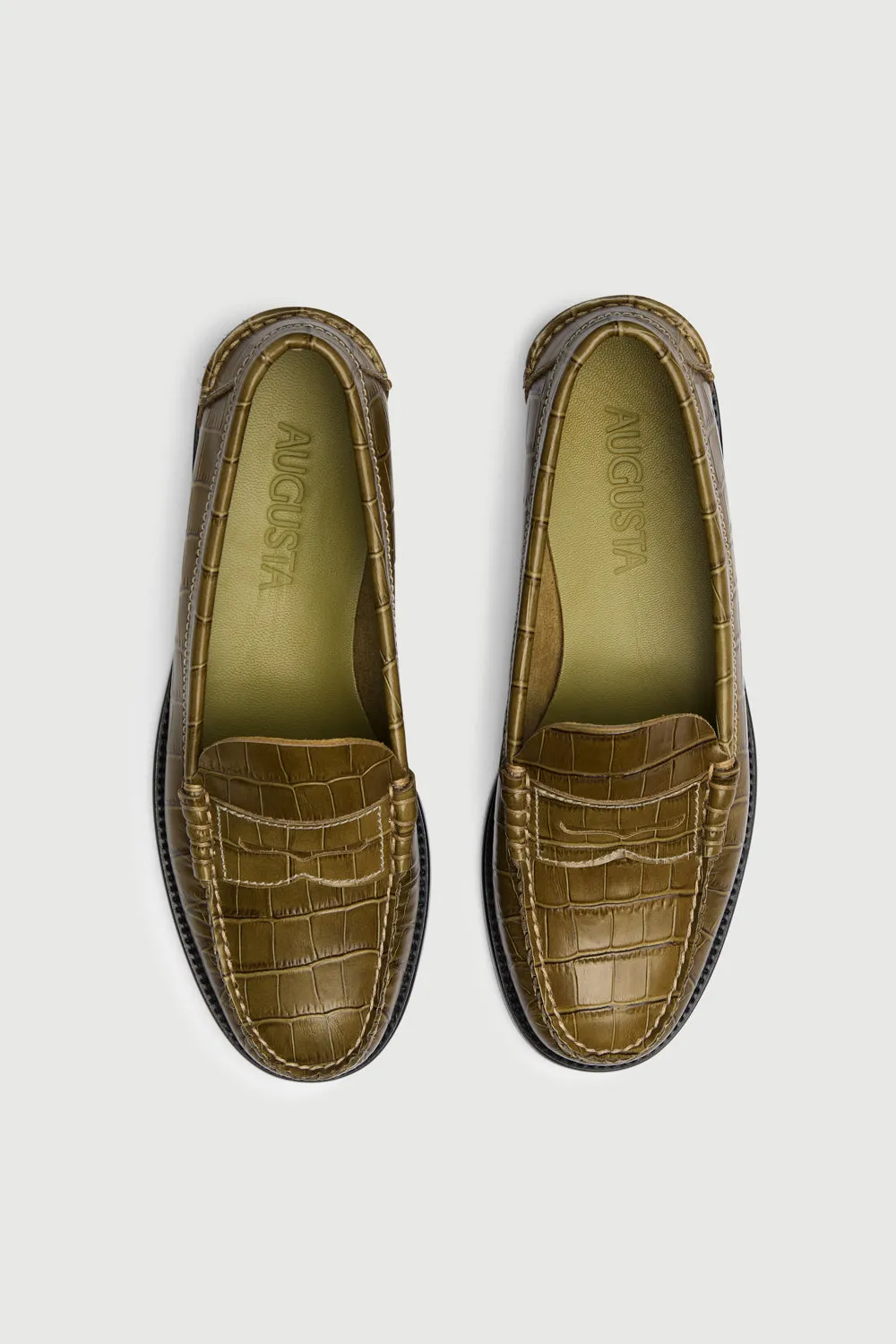 Zoe Loafers in Croc-effect Olive Green Leather Heel Firm Lightweight Slip-Ons